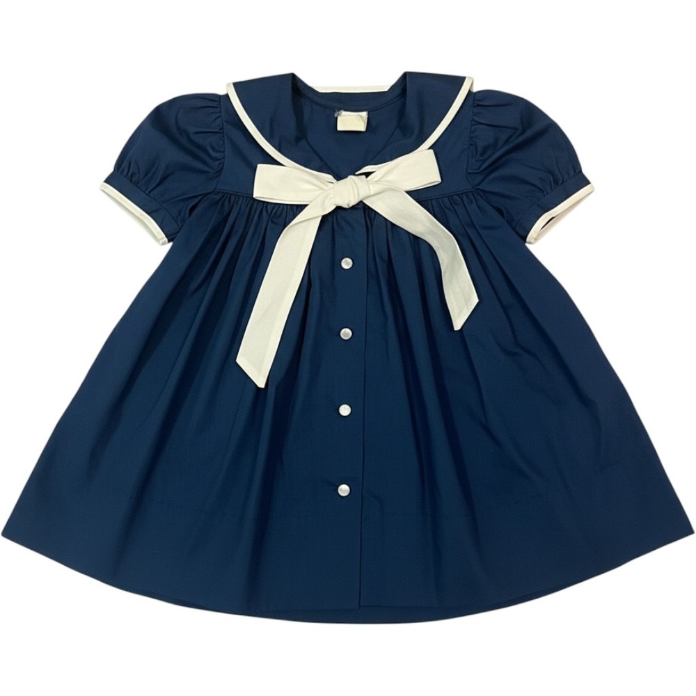 Vintage Peaches n Cream Navy Blue Sailor Dress 3T White Bow Nautical USA Made